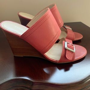 Franco Sarto Wedges, Size 7.5 Medium. Salmon Color. Buckle Detail. Wooden Wedge